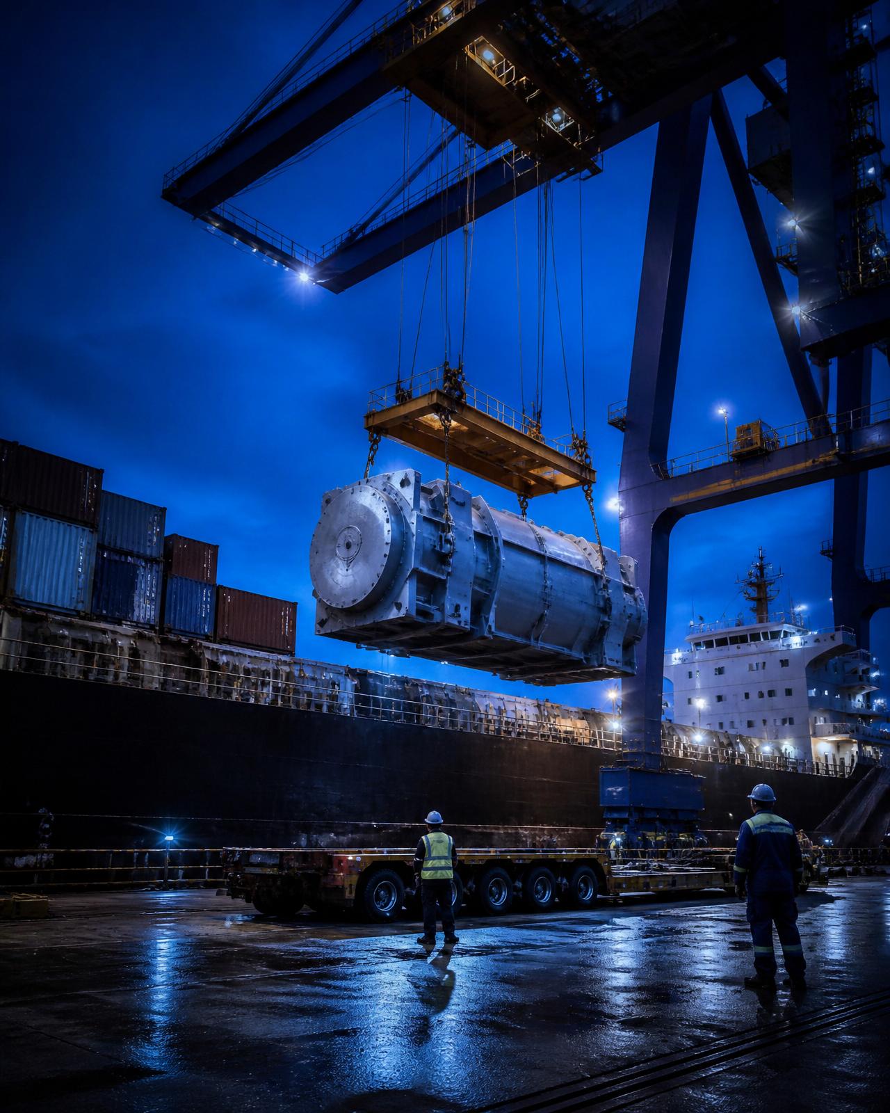 Heavy-lift crane loading oversized industrial cargo onto a vessel at a Hong Kong port